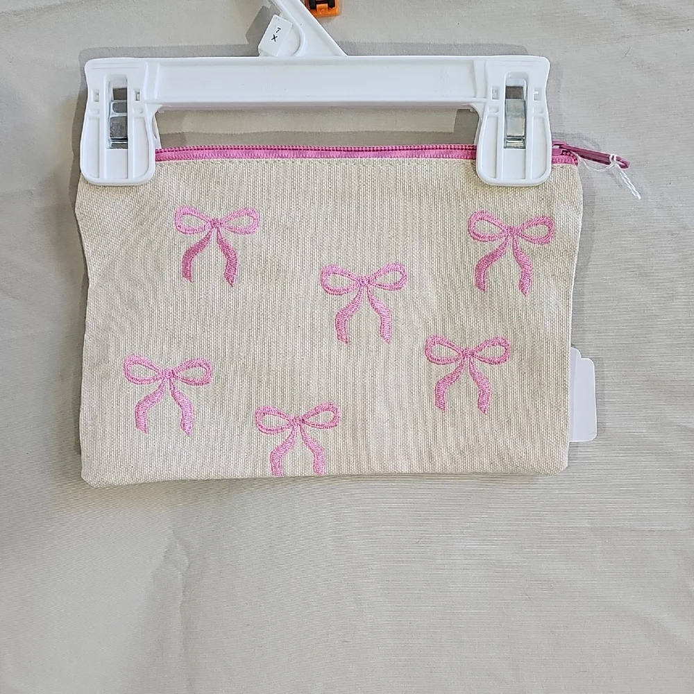 Canvas Makeup Pouch with Pink Bow Accent